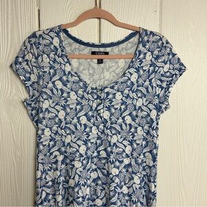 Chaps Short Sleeve Blue and White Leaf Apple Print Dress Size M